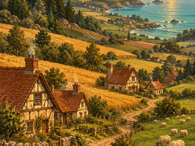 A painted farming village above golden fields, with a road winding toward a harbor at sunset.