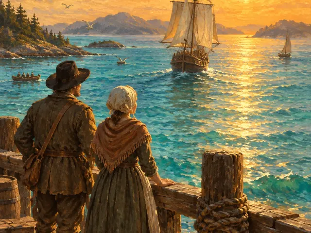 A painted couple on a wooden pier watching a tall ship sail toward distant islands.