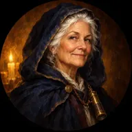 A white-haired woman in a dark hooded cloak