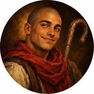 A shepherd with a red scarf and a crook