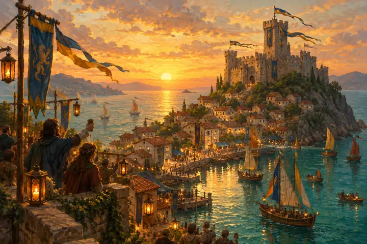 A painted harbor town celebrating at sunset, banners flying from the castle.