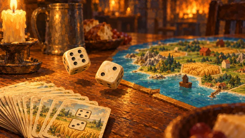 A painting of two ivory dice tumbling over a tavern table beside a fanned deck of 36 dice cards, a hex island board behind them.