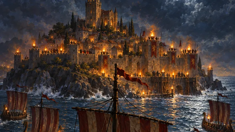 A painting of barbarian longships rowing at night toward an island city lit by torches.