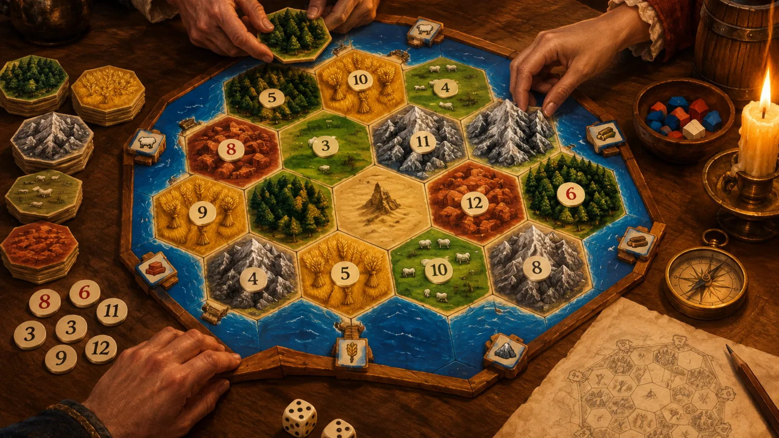 A painting of hands laying out a hexagonal island board game on a tavern table: forest, hills, fields, pasture and mountain hexes in a wooden frame, round number tokens with the red 6 and 8 far apart, spare tiles and a parchment sketch of the layout beside it.