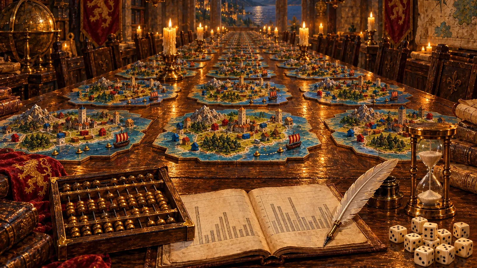 A painting of a long candle-lit hall: rows of small hex island board games, each mid-game, cover an oak table that runs into the distance, with an abacus, a quill and a ledger of hand-drawn bar charts in front.