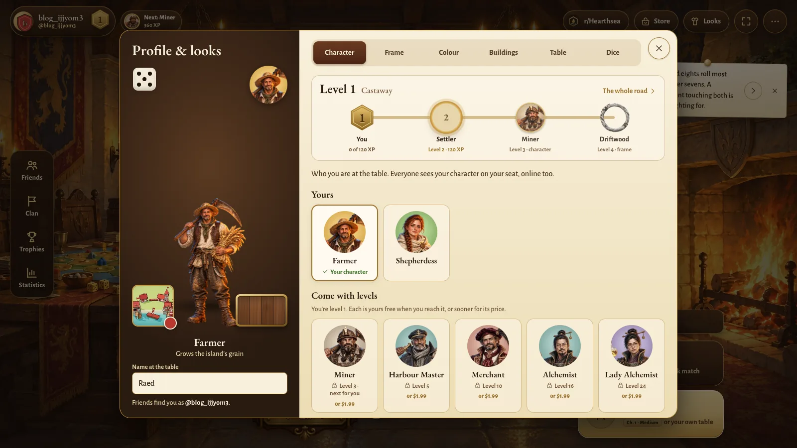 Choosing a character in Hearthsea: the Farmer stands in the candle-lit hall beside a shelf of characters, the free ones first, then those that come with levels