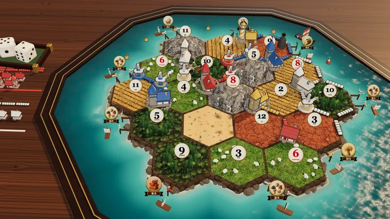 A Hearthsea Cities & Knights game forty rounds in: metropolis towers, walled cities and knights in brass rings on a 3D hex island.