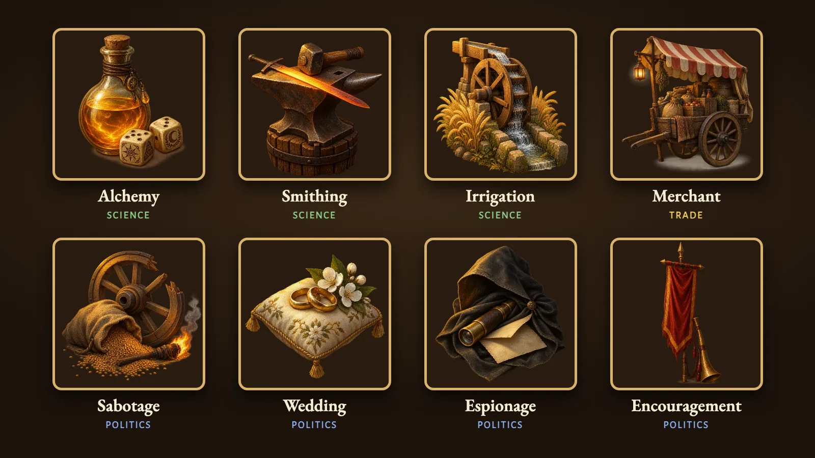 Eight Hearthsea progress card paintings in a grid: Alchemy, Sabotage, Wedding, Espionage, Merchant, Smithing, Irrigation and Encouragement.