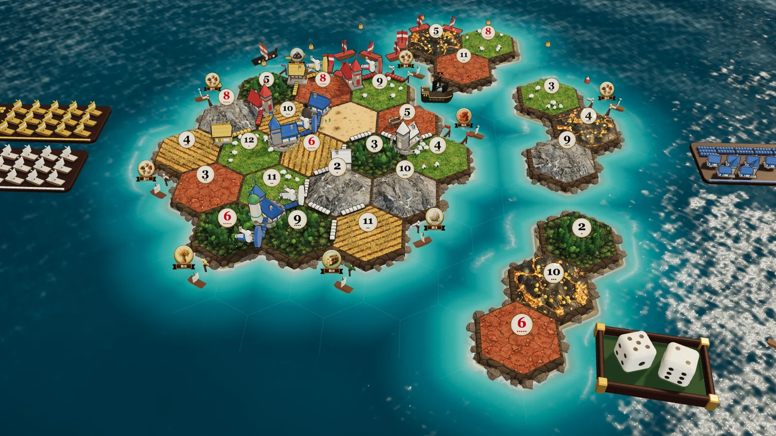 A Hearthsea Cities & Knights game on the Seafarers island New Shores: ships between islands, knights and walled cities on the main island.