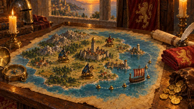 A painted war-room table: a hex island map with knights on horseback, a stone wall, a city tower and a barbarian longship on a track of seven brass buoys.