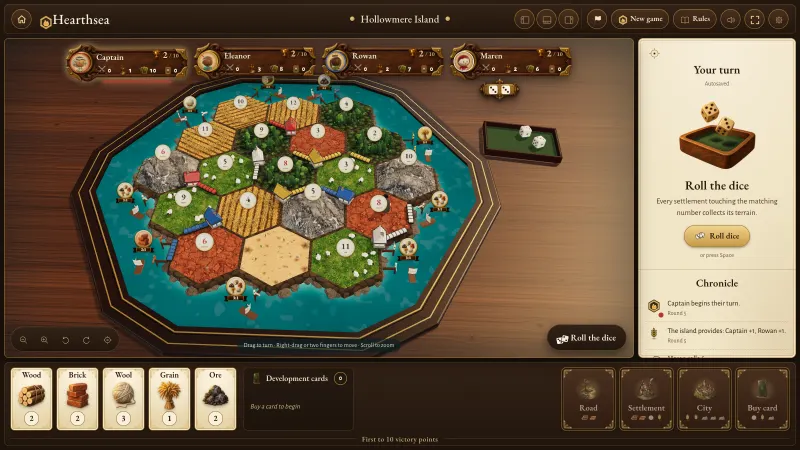 A Hearthsea game on the Standard map: a 3D hex island of fields, forests, hills, pastures and mountains on a turquoise sea, four player banners across the top and a dice tray beside the board.