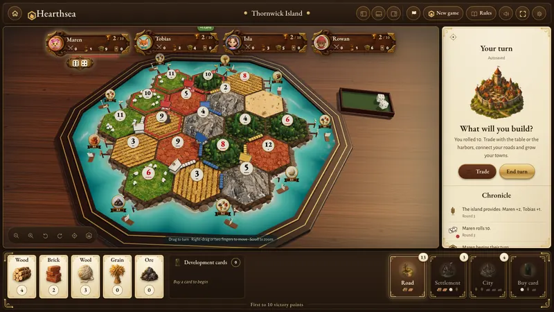 A four-player Hearthsea game on the Standard map: a 3D hex island of fields, forests, hills, pastures and mountains on a turquoise sea, settlements and roads in four colours, the players’ banners across the top and the turn panel on the right.