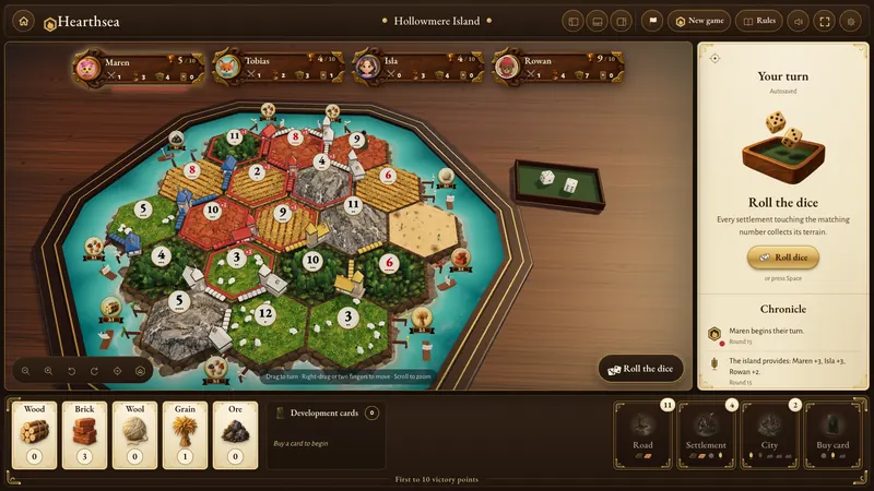 A four-player Hearthsea game in round fifteen: roads, settlements and cities in four colours across a 3D hex island, the players’ banners with their scores, and the Chronicle listing the latest harvest.