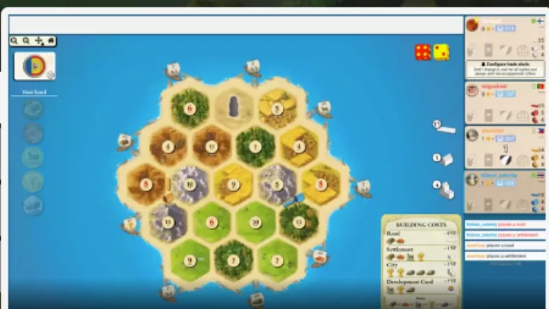 A CATAN game in progress on Board Game Arena: a hex island seen from above with the players’ panels on the right.