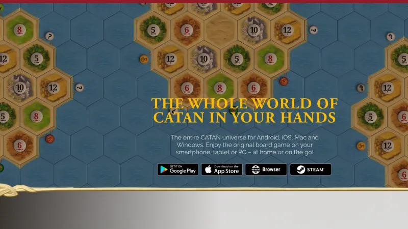 The CATAN Universe website: a flat hex board of the classic island behind the title “The whole world of CATAN in your hands”.