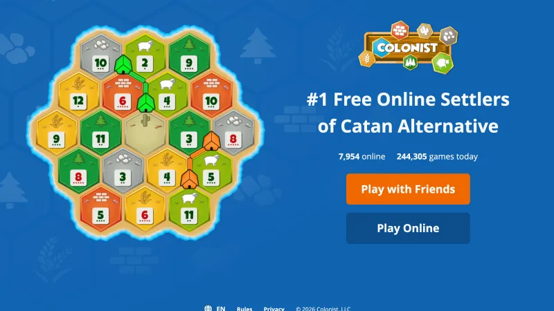The Colonist website: a flat 2D hex island of nineteen tiles beside the Colonist logo and its Play buttons.