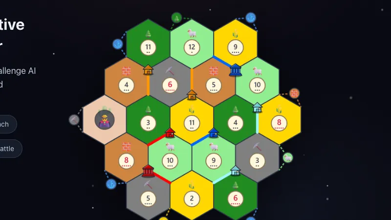 HexaColony’s website: a flat hex island with roads and settlements on a dark background.