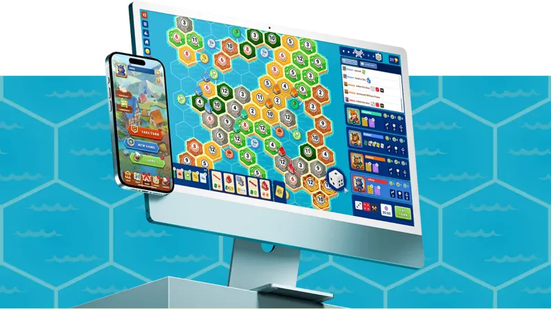 Landover on a phone and a desktop screen, from its website: a large hex map with the game’s panels.
