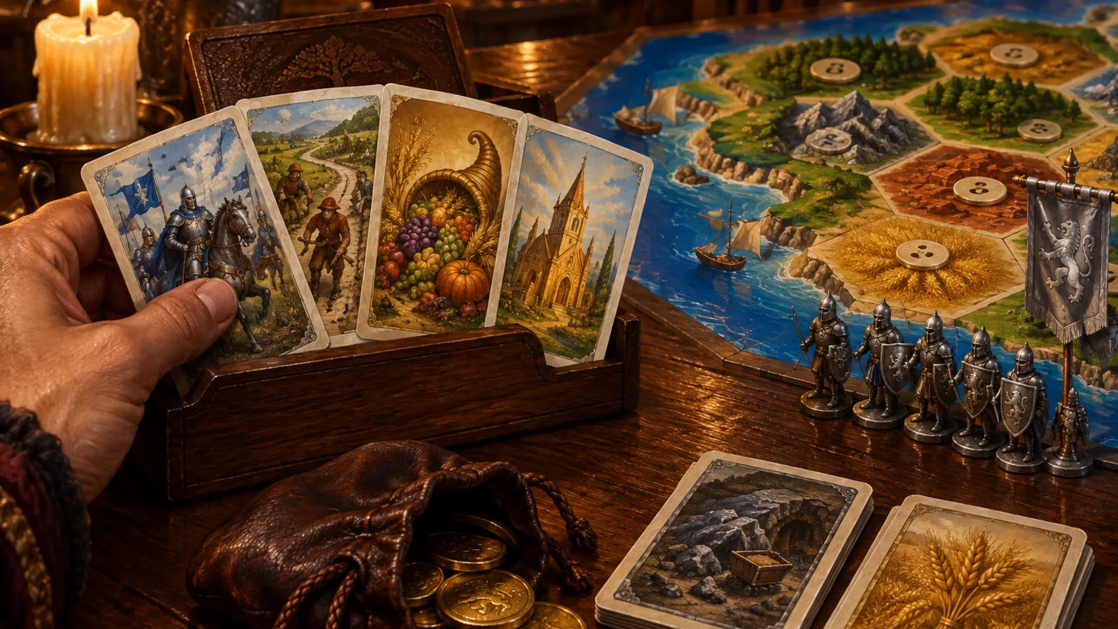 A painting of illustrated development cards being drawn from a wooden deck holder beside a hex island board game: knights, a road crew, a horn of plenty and a chapel, with a row of tiny knight figures and an army banner at the board’s edge.