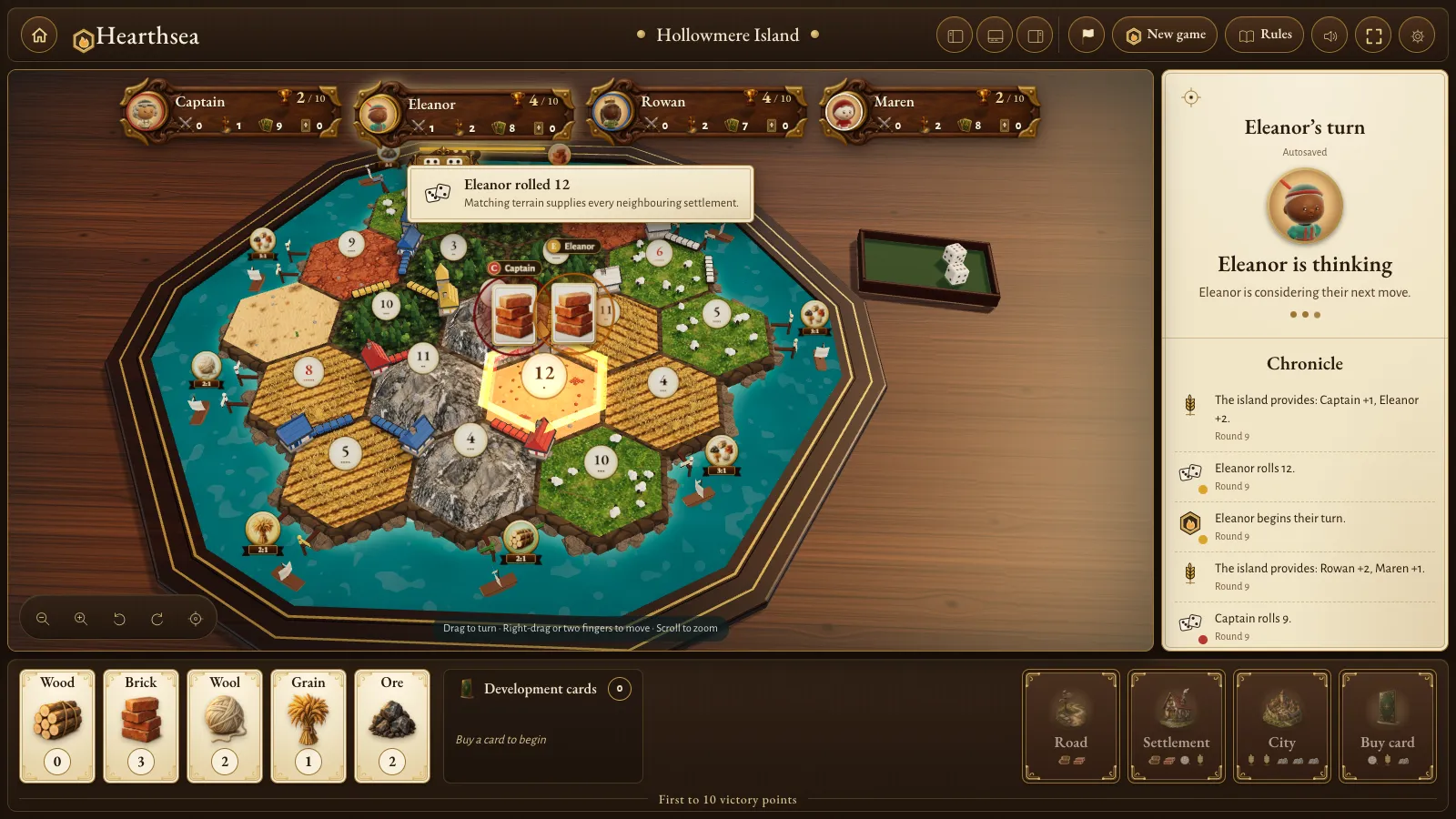 A Hearthsea board right after a roll of 12: the hills hex marked 12 glows, two brick cards fly to the settlements on its corners, and a banner reads “Eleanor rolled 12”.