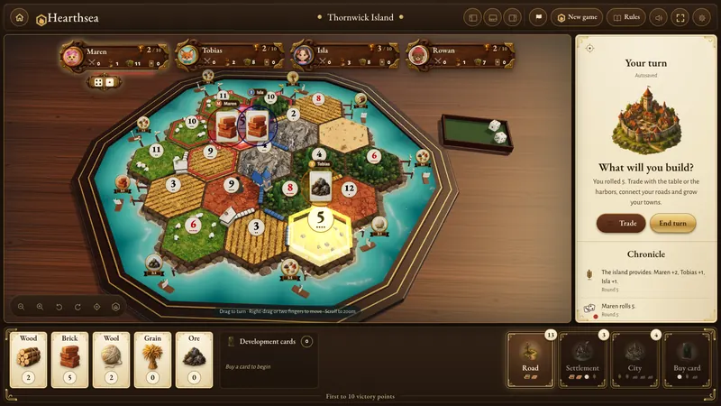 A Hearthsea board right after Maren rolls a 5: the hexes marked 5 glow, brick cards fly to Maren and Isla and an ore card to Tobias, and the Chronicle reads “Maren rolls 5.”