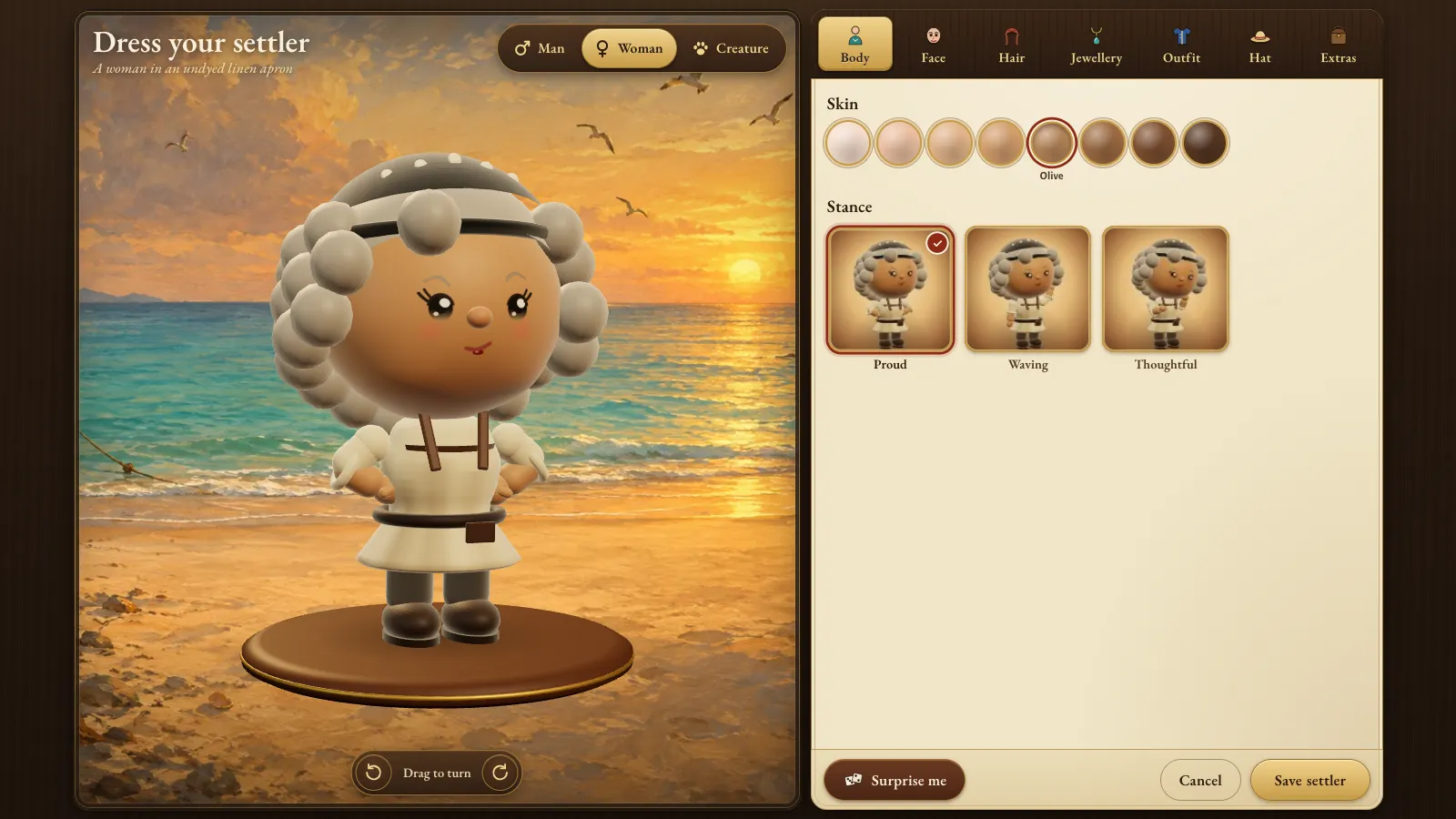 The Dress your settler screen: a 3D settler on a turntable in front of a sunset beach, with tabs for body, face, hair, jewellery, outfit, hat and extras, skin tones and three stances.