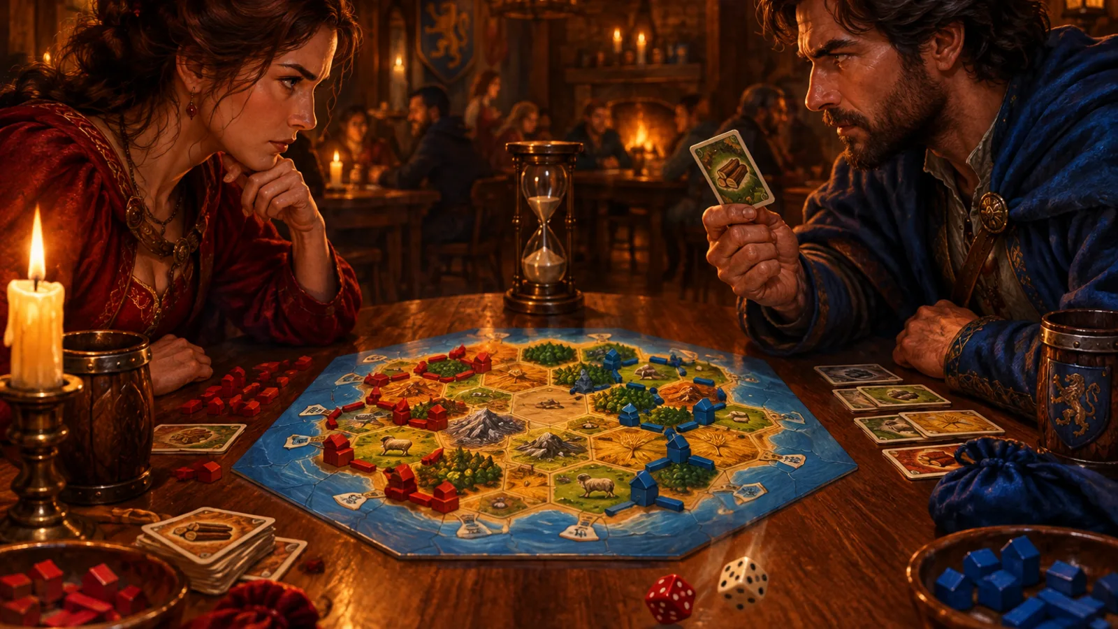 A painting of two players facing each other across a hex island board game by candlelight, one in red and one in blue, their roads racing toward the same coast, an hourglass between them.