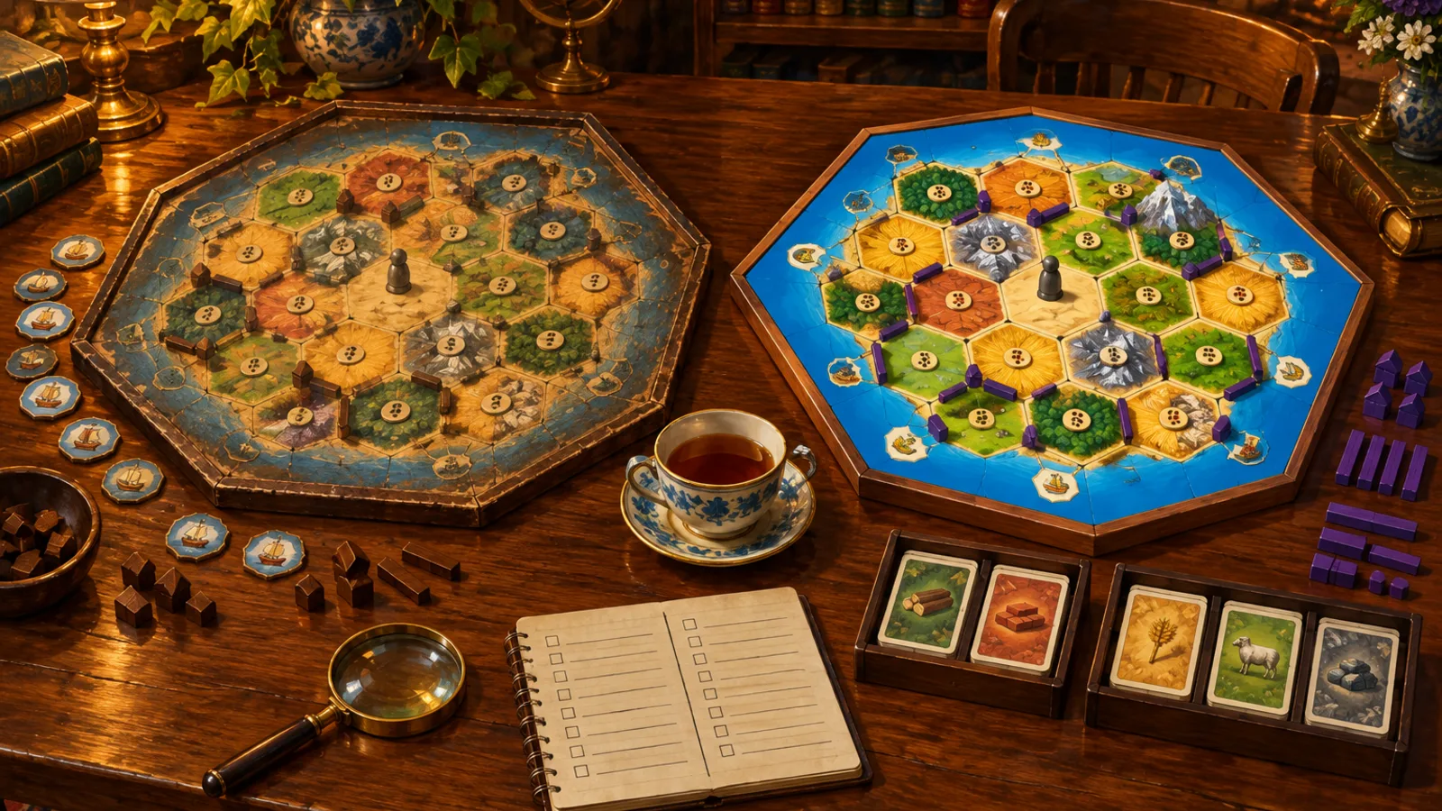 A painting of two copies of the same hex island board game side by side on a walnut table: an older set with worn tiles, separate harbor tokens and brown pieces on the left, a new set with bright tiles, harbors printed on the frame, purple pieces and wooden card trays on the right.