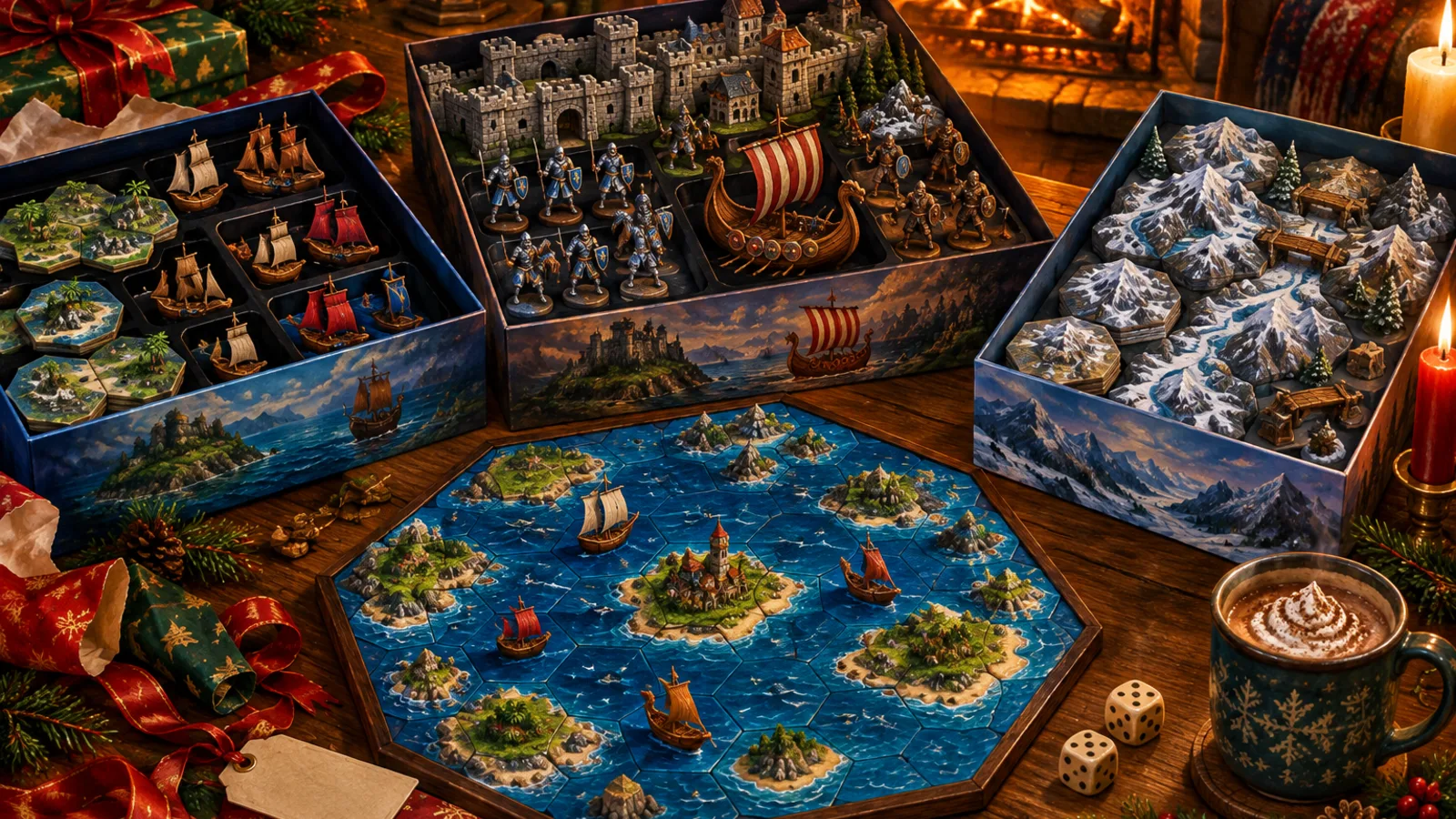 A painting of three opened board game expansions by a fireplace on a winter evening: one with sea hexes, ships and small islands, one with knight figures, city walls and a barbarian longship, one with snowy mountain hexes, gift ribbon and cocoa on the table.