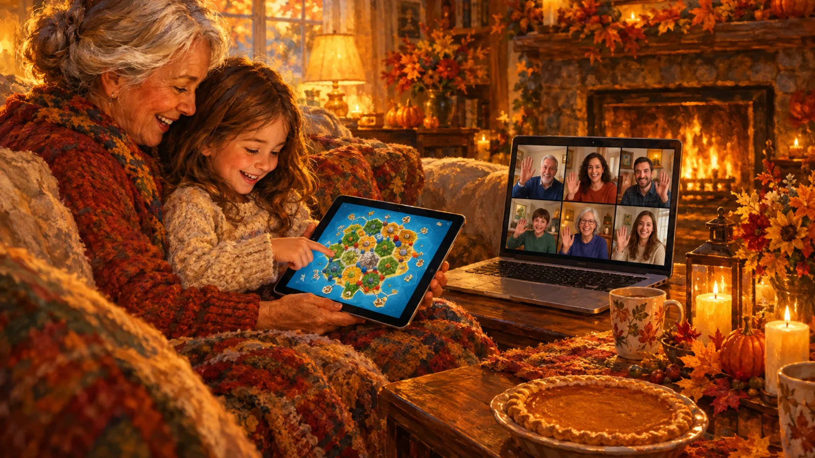 A painting of a cosy autumn living room: a grandmother and a child on the sofa play a hex island board game on a tablet while relatives wave from a video call on a laptop, with candles, autumn leaves and a pumpkin pie on the table.