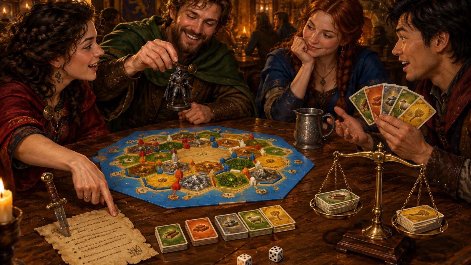 A painting of four friends laughing over a hex island board game in a tavern, one pointing at a parchment of house rules pinned to the table with a dagger, a robber figure being lifted off the board, a brass scale weighing two piles of cards.