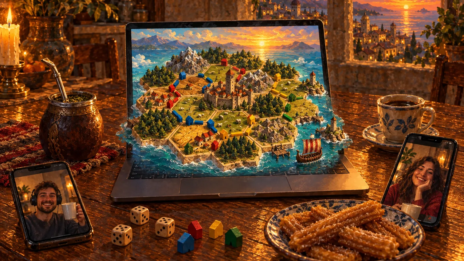 Una pintura de una mesa de cocina al atardecer: de un portátil abierto surge una isla de hexágonos en 3D con bosques, colinas, campos y montañas; alrededor, un mate con bombilla, un café, churros, dados y dos móviles con amigos en videollamada.