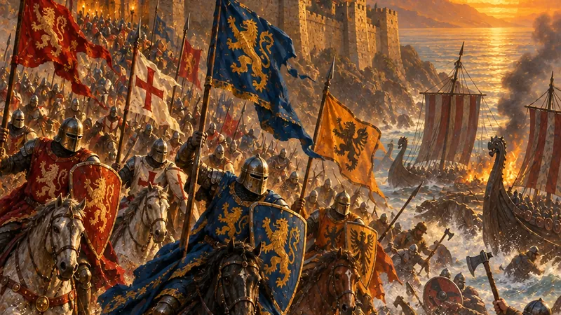 A painting of armoured knights with banners charging down a beach at dawn to meet beached barbarian longships.