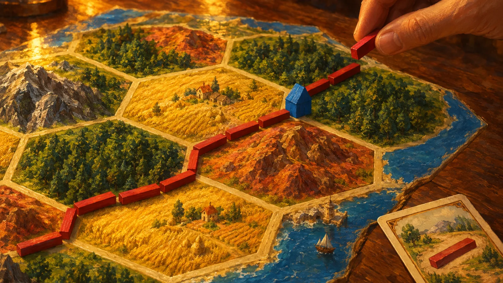 A painting of a hex island board game: a long chain of small red wooden roads winds across forest, field and hill hexes and is cut at one corner by a blue settlement, while a hand places one more road.