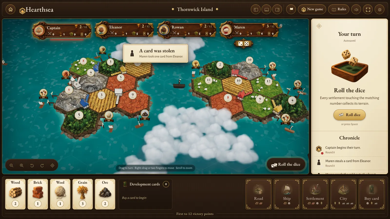 A Hearthsea Seafarers game on Fog Islands: two green islands with settlements and roads on a turquoise sea, a ship between them, and white fog covering the unexplored water.