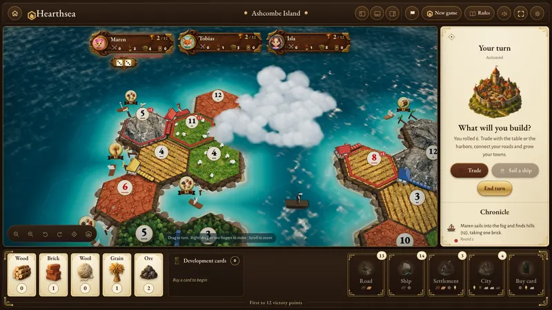 A Hearthsea Seafarers game on Fog Islands: two islands with settlements and roads on open sea.