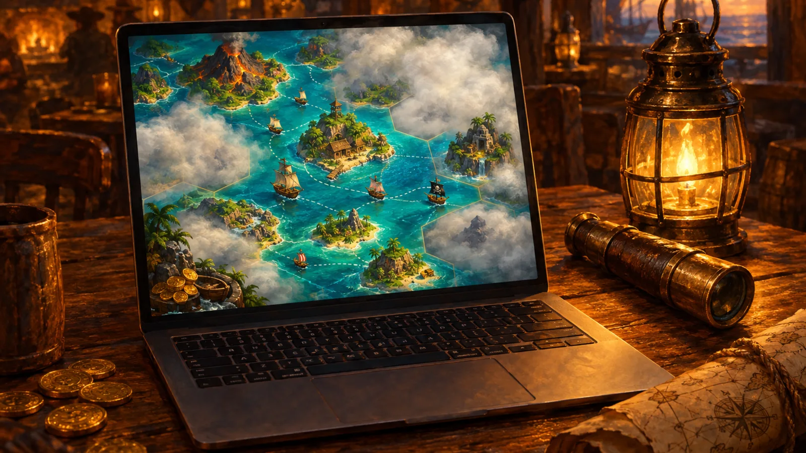 A painting of a laptop on a tavern table showing a hex island board game: small ships sail between islands on a turquoise sea, fog banks cover unexplored hexes, and a lantern, brass spyglass, sea chart and gold coins sit beside it.