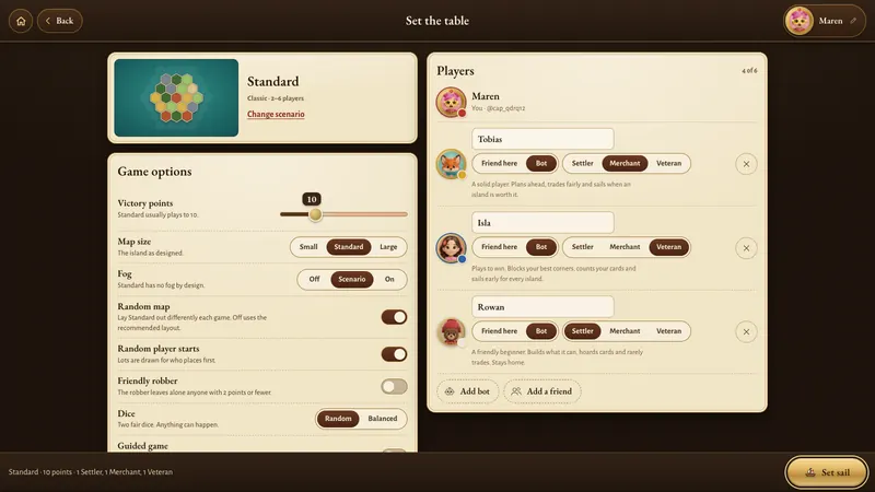 Hearthsea’s Set the table screen: the Standard map preview, game options for victory points, map size, fog, random map and dice, and a players list with Maren plus three bots: Tobias as Merchant, Isla as Veteran and Rowan as Settler.