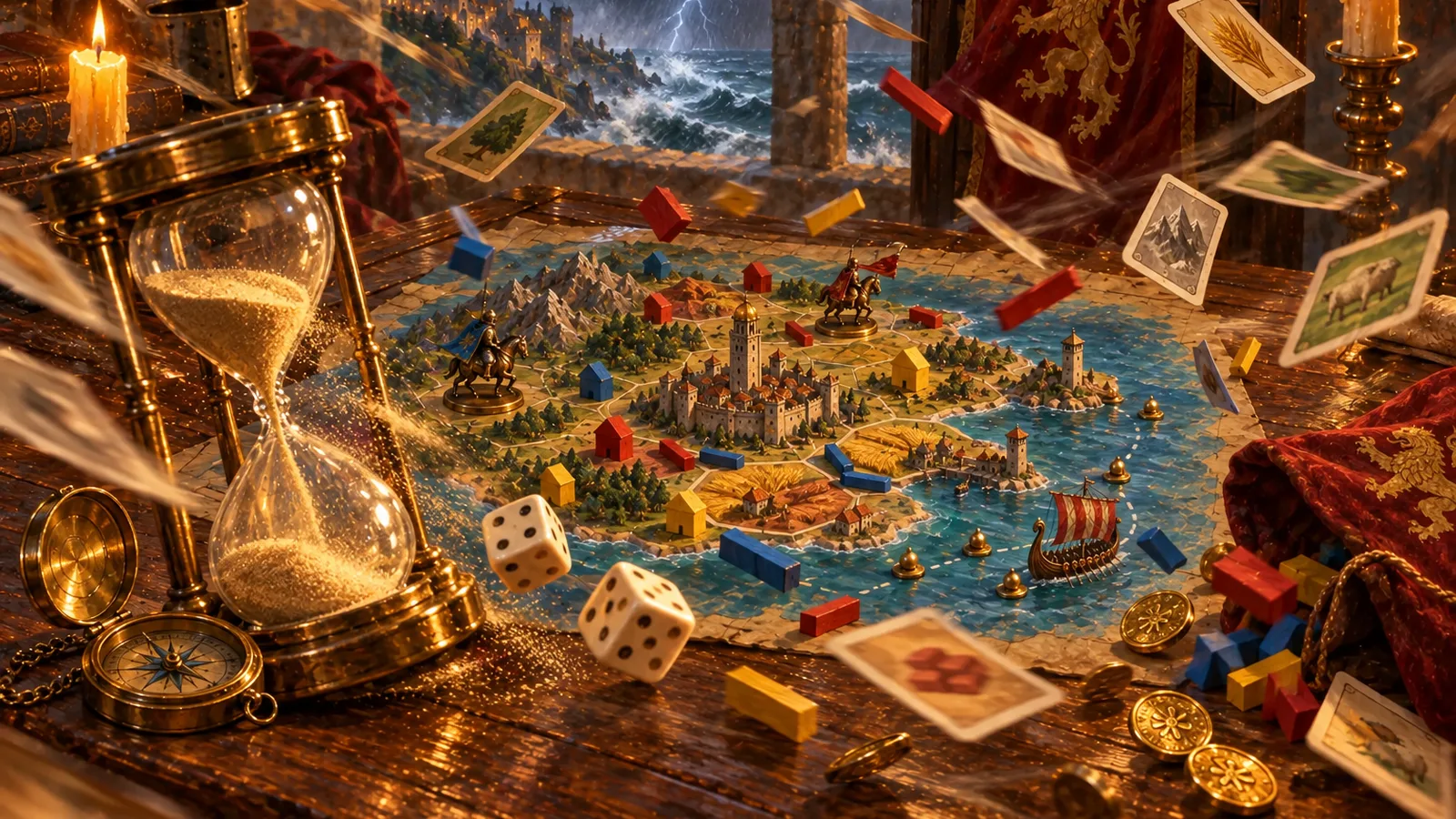 A painting of a hex island board game on a wooden table by an open window: a storm blows in from the sea and sends resource cards and little wooden roads flying, while sand pours through a brass hourglass and two dice tumble in front.