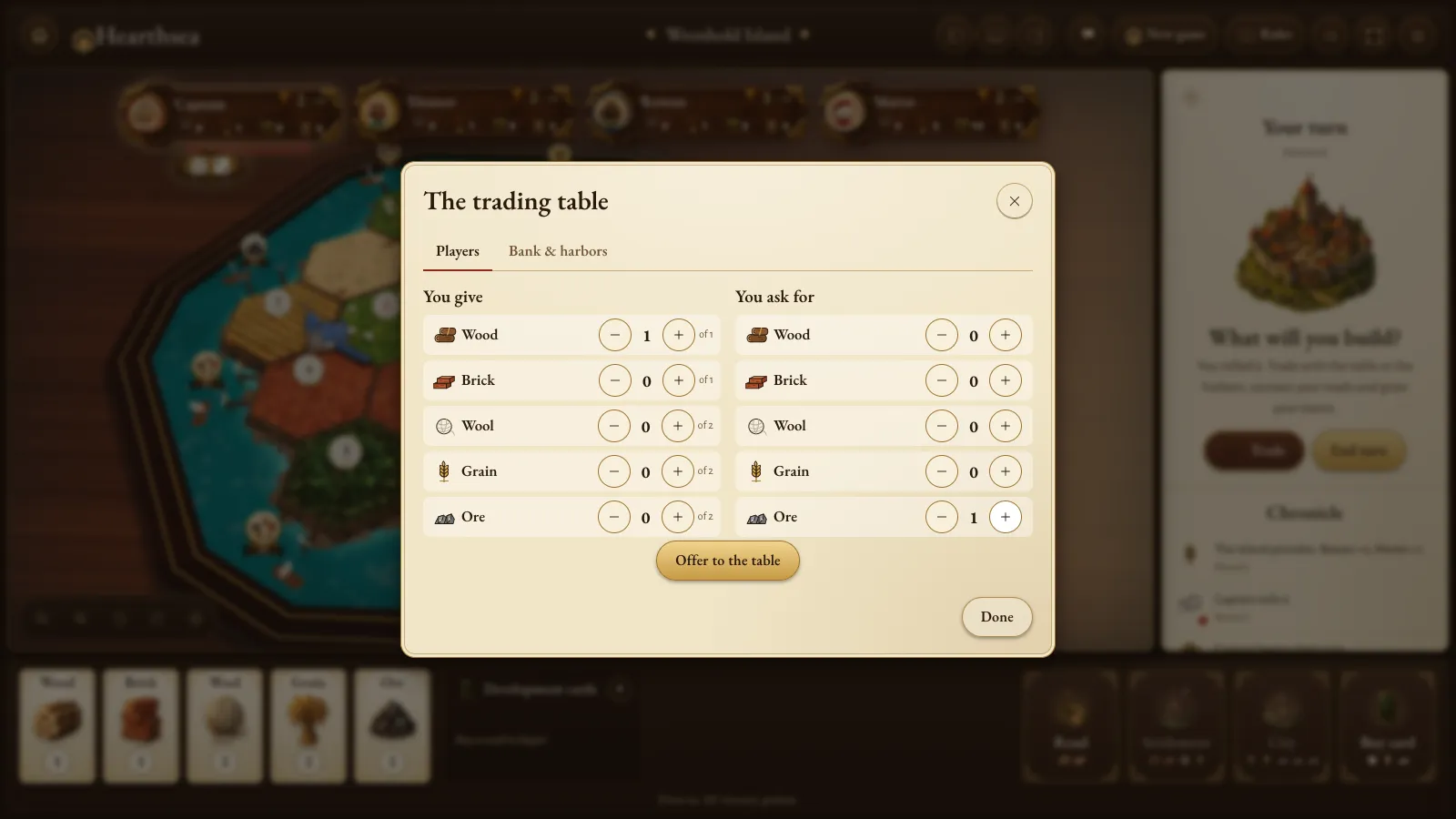 The trading table in Hearthsea: a player offers one wood and asks for one ore, with counters for each resource on both sides and an Offer to the table button.