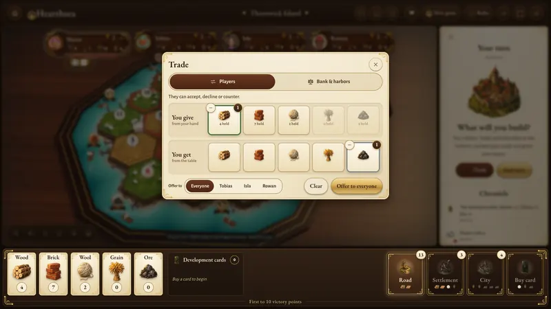 The Hearthsea trading table: Maren gives one wood and asks for one ore, with counters for every resource on both sides and an Offer to everyone button.