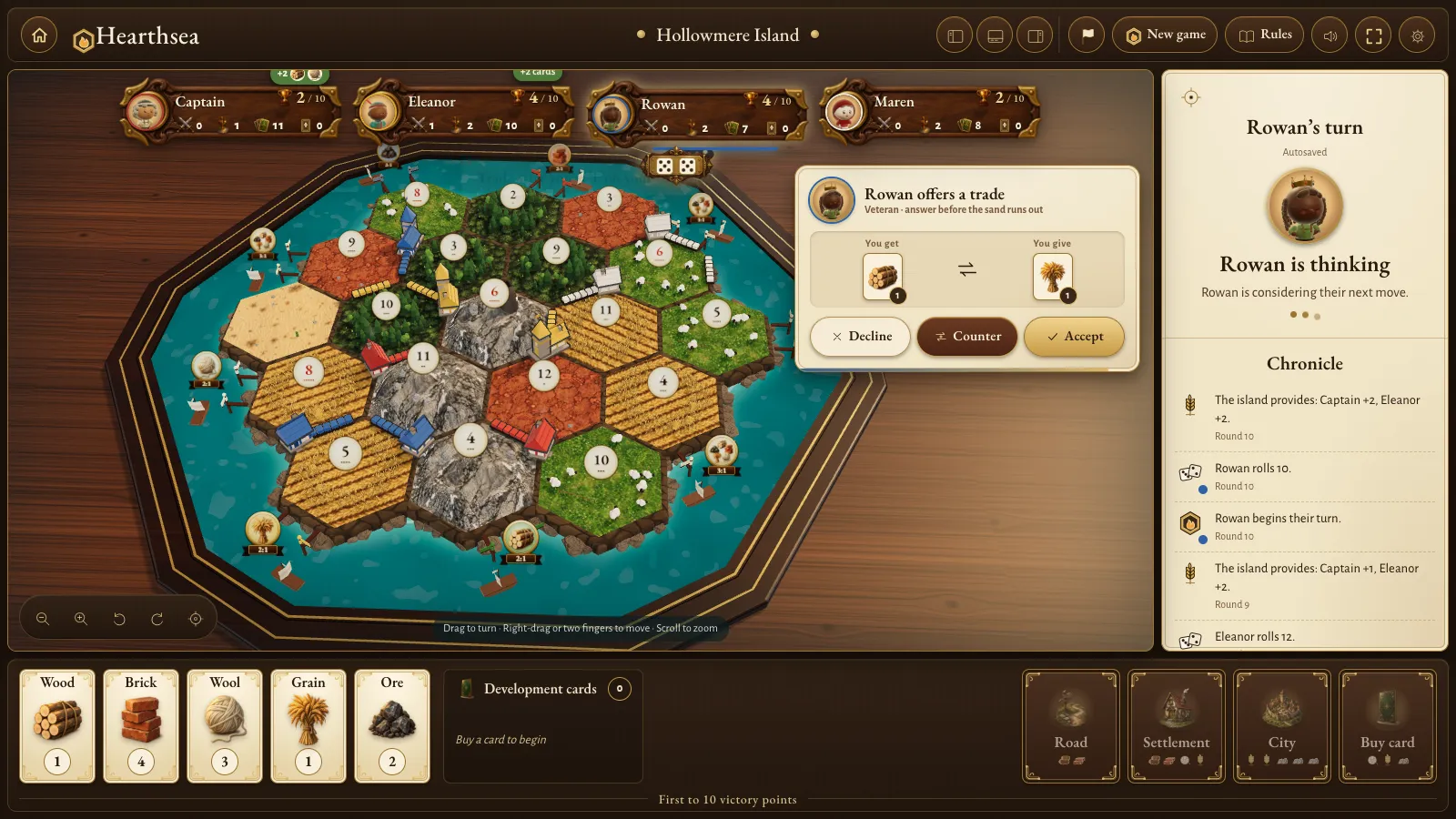 A Hearthsea game in progress: a 3D hex island of fields, forests, hills, pastures and mountains on a turquoise sea, with a Veteran bot named Rowan offering one wood for one grain in a pop-up with Decline, Counter and Accept buttons.