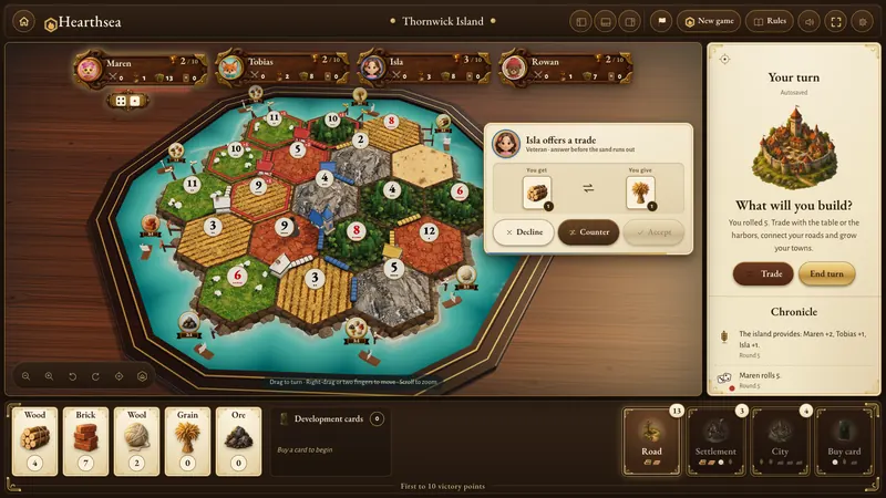 A trade offer in Hearthsea from Isla, a Veteran bot: you get one wood and give one grain, with Decline, Counter and Accept buttons, over a 3D island board.