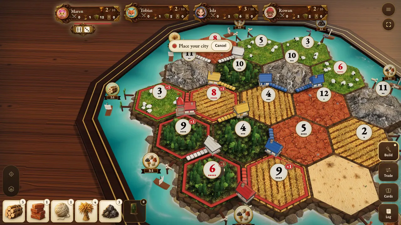 A four-player Hearthsea game mid-turn with the prompt “Place your city” over a 3D hex island of fields, forests, hills, pastures and mountains, with settlements, a city and roads in four colours and harbor markers on the coast.