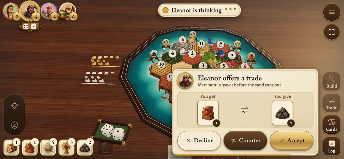 Hearthsea on a phone held sideways: a computer rival offers a trade of brick for ore beside the island.
