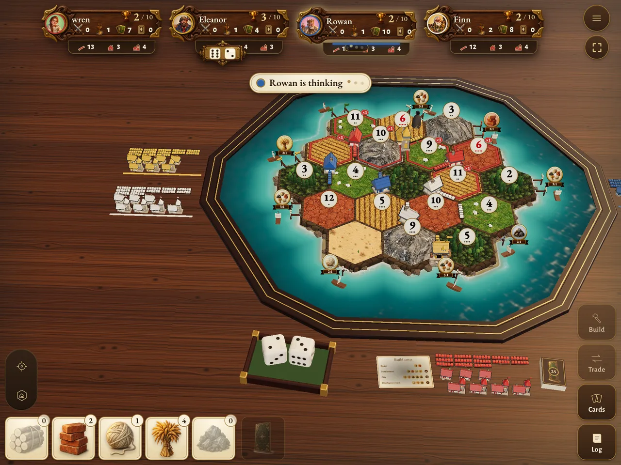 Hearthsea on a tablet mid-game: the 3D island with settlements and roads, the four players along the top, the dice tray and the build buttons.