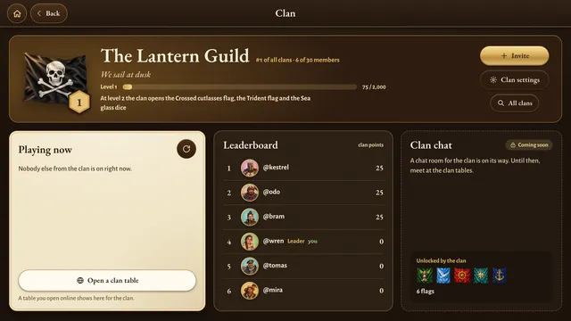 A Hearthsea clan, The Lantern Guild, under a pirate flag: level 1 and its progress, the motto “We sail at dusk”, six members on the leaderboard with their characters, and the flags the clan has opened.