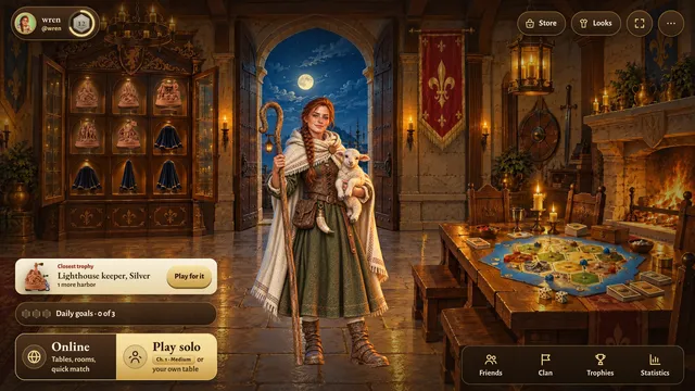 The Hearthsea home screen: the Shepherdess stands in a candle-lit hall; the cabinet holds five porcelain trophies and four niches still under blue velvet sheets; a red banner hangs on the wall and a hex board lies on the table.