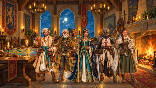 Five Hearthsea characters in the candle-lit hall: the Merchant, the Old Tinkerer, the Island Queen, the Warden and the Shepherdess