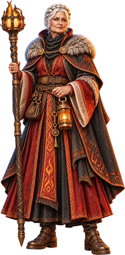 The Hearth Keeper, with her flame staff